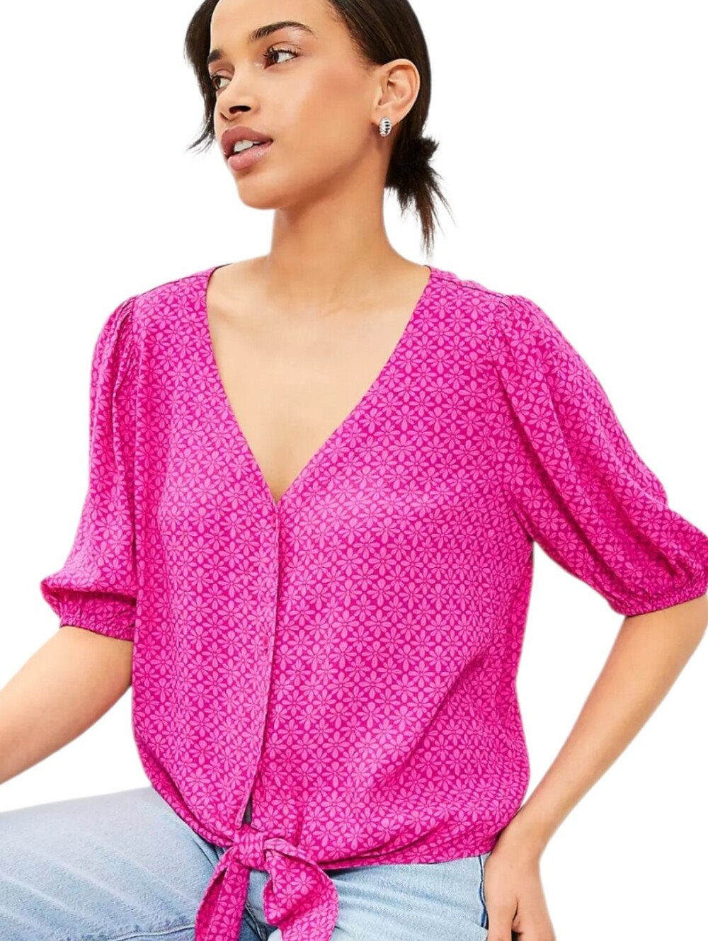 LOFT Stamped Puff Sleeve Tie Front Blouse NWT